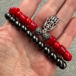 NWOT 2-pc Set Red Beads Hamsa Charm + Hematite Black 8mm Bead Stretch Bracelet